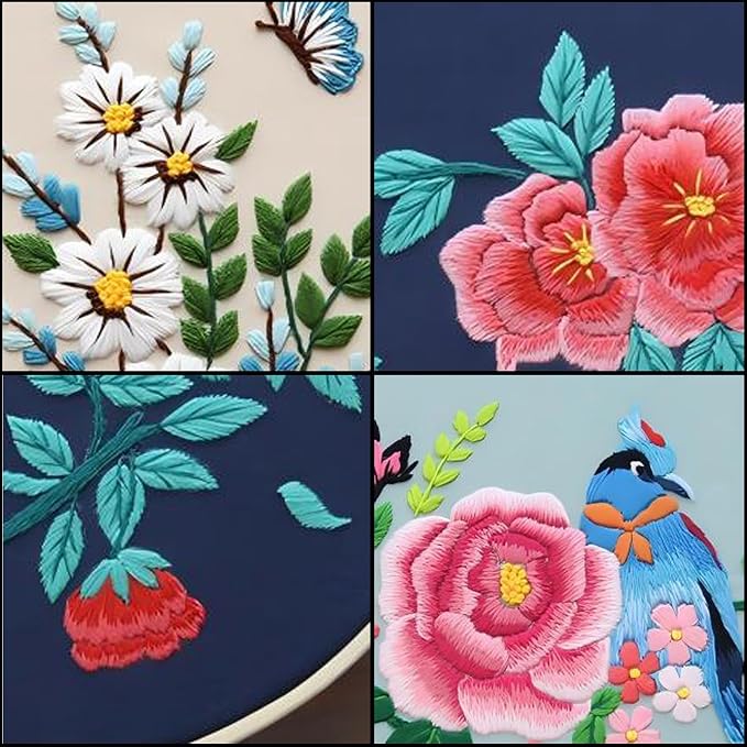 CHIYOSING Embroidery Kit for Beginners Adults, 3 Floral Pattern to Learn Over 30 Different Stitches,Includes Step-By-Step Instructions,Sharp Scissors and 2 Exquisite Hairpins and Multiple Accessories