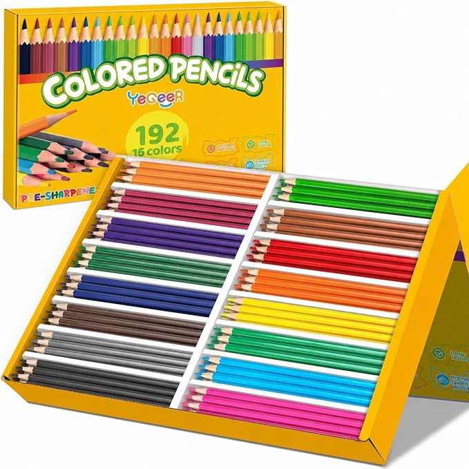 YEGEER 192 Count Colored Pencils Bulk, 16 Assorted Colors, Pre-sharpened Coloring Pencils Set for Kids and Adult, Teachers Essential Classroom Prizes, Back to School Supplies