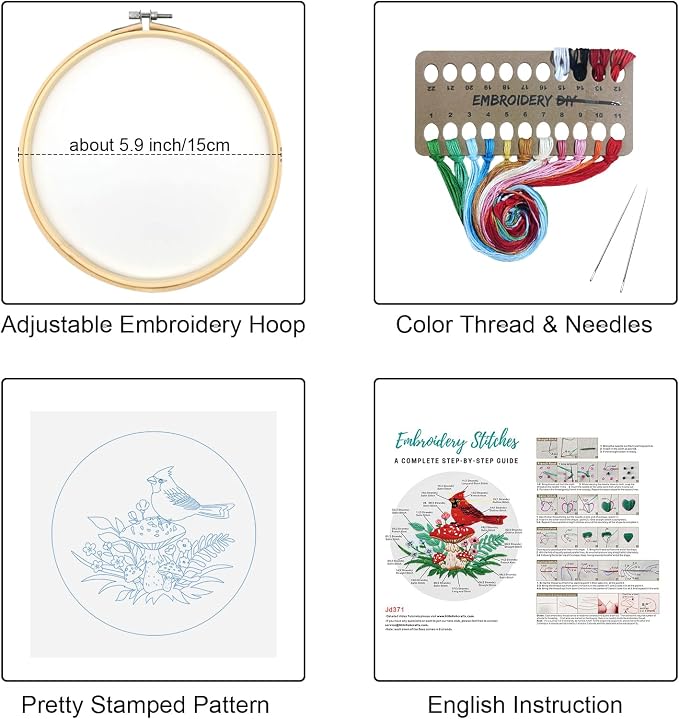 Louise Maelys Cardinal Mushroom Embroidery Kit for Beginners DIY Craft | DIY Needlepoint Kit with Pre-Printed Fabric, Hoop, Threads, Needles and Guide. Cross Stitch Kit for Adults with Nature Design