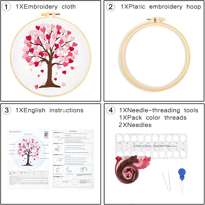 Love Heart Tree Embroidery Kits for Beginners Adults, Valentine's Day Hand Embroidery Kits, Cross Stitch Kits for Adult Anniversary Valentine's Gift, Entire Set of Embroidery Supplies & Video Tutorial