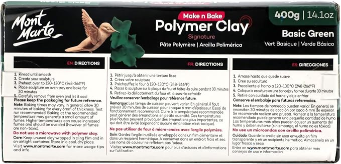 Mont Marte Make n Bake Polymer Clay Signature Basic Green 400g (14.1oz) Block, Bake in Oven, Soft and Smooth, Sculpting, Craft, DIY Décor, Jewelry