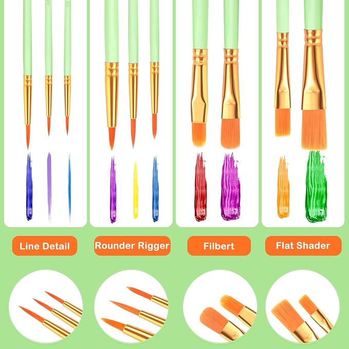 ESRICH 20PCS Paint Brushes, Paint Brush for Acrylic Painting | Artist Paintbrushes for Oil Watercolor, Body Face Rock Canvas, Small Paint Brushes for Kids, Green