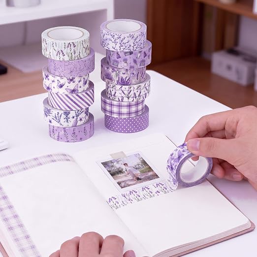 12 Rolls Floral Washi Tape Set,Purple,Lavender | Watercolor Flowers Design for Scrapbook Journal DIY Craft School Supplies, 15 mm Vintage Decorative Masking Washi Tapes