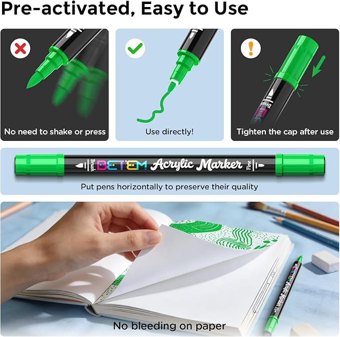 Betem 2 Paint Markers for Glass, Dual Tip Acrylic Paint Pens, Green | Window, Fabric, Wood, Rock, Canvas, Acrylic Markers with Fine & Brush Tip, Art & Craft Supplies, Wine Glass Markers