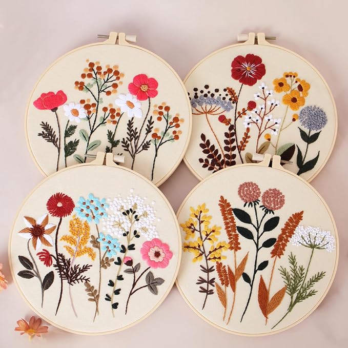 COCOMOX Floral Embroidery Kit for Beginners, Needlepoint Practice Kits | 4 Different Flower Pattern, Cross Stitch Embroidery Kits for Adults, Easy to Follow