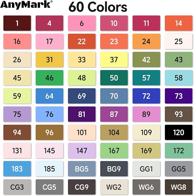 AnyMark 60 Colors Alcohol Markers Chisel & Fine Dual Tip | Coloring Markers Set for Adult Book Drawing Sketching Painting, Illustration, White Penholder