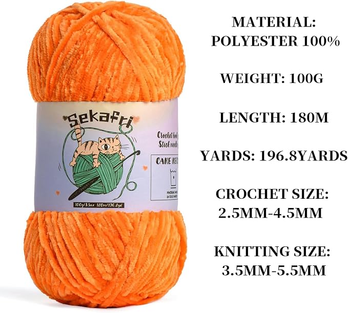 3 Pack of 300g (590yds) Fuzzy Chenille Yarn for Crocheting,Fluffy Amigurumi Crochet Yarn for DIY Craft/Hat/Clothes, Soft Velvet Baby Blanket Yarns（3 Orange）