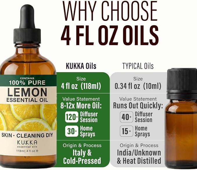 Kukka 100% Pure Lemon Essential Oil for Skin, Diffuser, 4 Fl Oz | Cold-Pressed Italian, Undiluted Lemon Oil for Diffuser, Aromatherapy, Cleaning, Household Use - GC-MS Tested