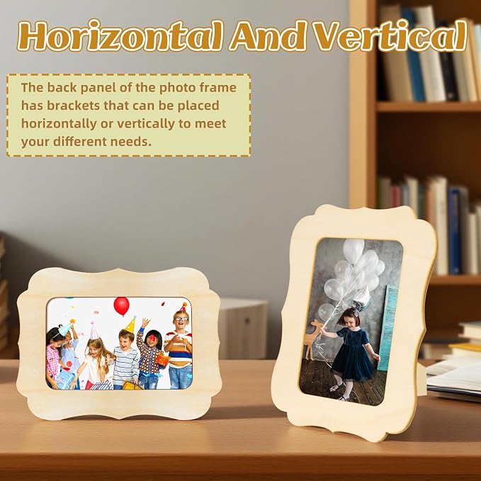 VOKOY 4 Pack Wooden Picture Frames for Crafts, DIY Wood Craft Picture Frames for 4" x 6" Photos,Unfinished Standing Photo Frames Wood Decorate for Birthday Party Gifts, Vintage Shape
