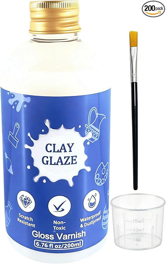 Air Dry Clay Varnish, 200ml Gloss Polymer Clay Glaze, Prevent Clay Cracking, Scratch Resistant, Waterproof, for Pottery, Crafts, Oil Paintings, Clay Sealant with Brush & Measuring Cup