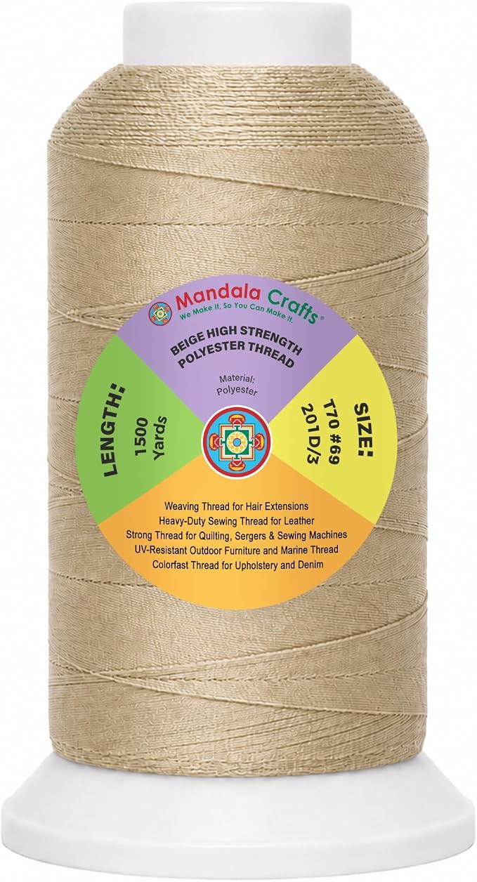 Mandala Crafts Beige Heavy Duty Thread - #69 T70 210D/3 1500 Yds Polyester Thread for Sewing Machine Outdoor Marine Jeans Leather Thread Drapery Upholstery Thread | 1500 Yds T70 UV Resistant Strong Thread for Leather Sewing, Marine, Drapery, Jeans, Hai...