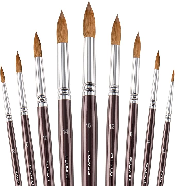 Sable Watercolor Brushes 9pcs Professional Superior Kolinsky Watercolor Paint Brushes for Artists Round Pointed Oval Wash for Watercolor Acrylics Gouache Inks Painting