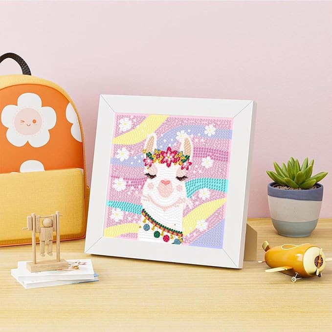 ajepon Alpaca Diamond Art Kits for Kids with Frame, Animal Diamond Art for Kids Ages 8-12, Alpacas Diamond Painting Kits for Kid with Beautiful Package for Gift Home Wall Decor (7x7inch)