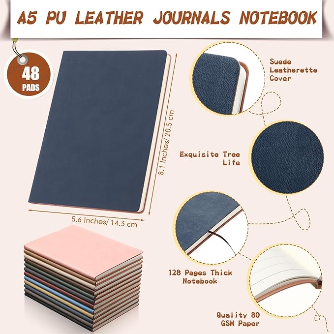 PerKoop 48 Pcs A5 PU Leather Notebooks for Back to School,Morandi Color
