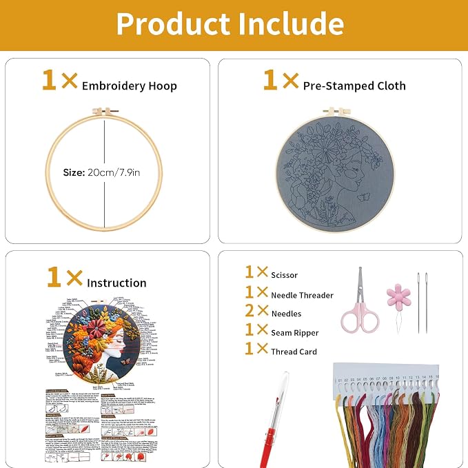 3 Packs Embroidery Kit for Adults, Embroidery for Beginners (Girl-1)