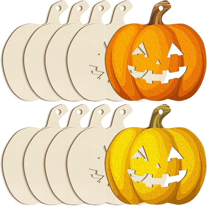 Large Size 7inch Wooden Halloween Thanksgiving Ornaments to Paint,Pumpkin Cutouts Unfinished DIY Blank Unfinished Pumpkin Wood Discs Ornament for Crafts Hanging Autumn Decorations 10PCS