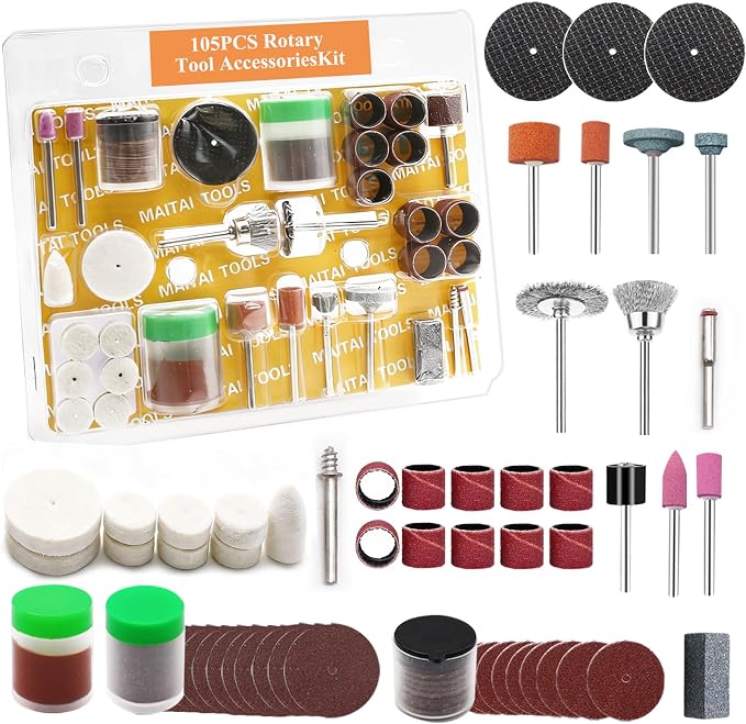 105PCS Rotary Tool Accessory Kit with Sanding Drum, 1/8-inch Shank Universal Fit for Most Rotary Tools, for Sanding, Polishing, Cutting, Grinding, Cleaning, Engraving, Drilling