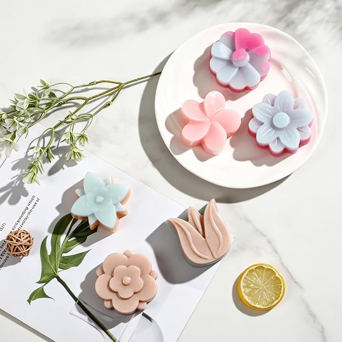 SJ Silicone Molds for Crafts, 2 Pack Tulip and Flower Soap Molds | 6 Cavities with Assorted Blossom Designs, Flexible, Easy-Release for Plaster, Resin, Bath Bombs, Wax and DIY Projects