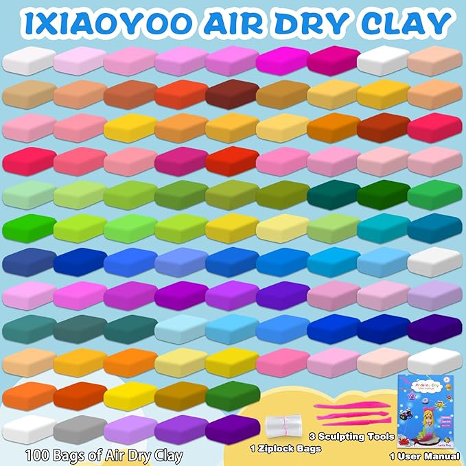 Ixiaoyoo Air Dry Clay, 100 Colors Foam Modeling Clay for School Projects