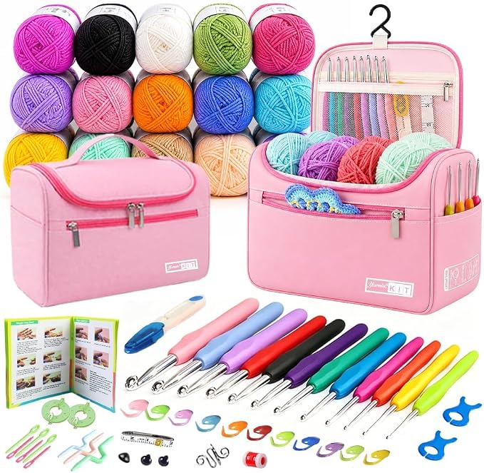 Yarniss Crochet Kit for Beginners,All in One Crochet Kit for Adult,Pink | Crochet Set with 1120 Yards Yarn & 12 Ergonomic Crochet Hooks, Learn to Crochet with Step by Step Video Tutorial