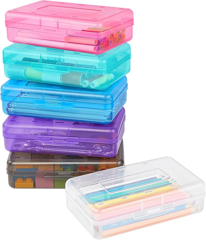 Sooez Plastic Pencil Case Box 6 Pack, Large Craft Storage Boxes Bulk