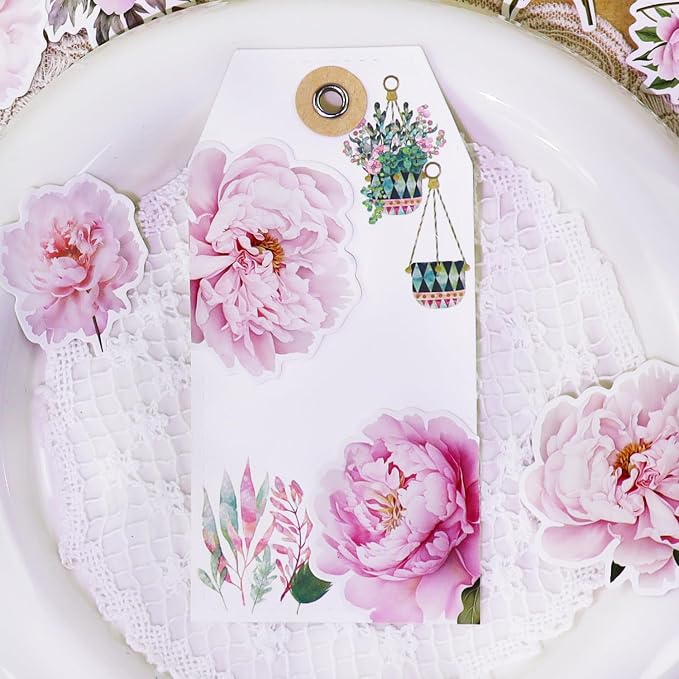 CATaireen Vintage Junk Journal Items Kit Pre Cut Paper Cards Cutout Cardstock Art Aesthetic Decor Hollow Out Craft Elements Small Embellishments Supplies for Adults Scrapbook Pack (Floral Pink)