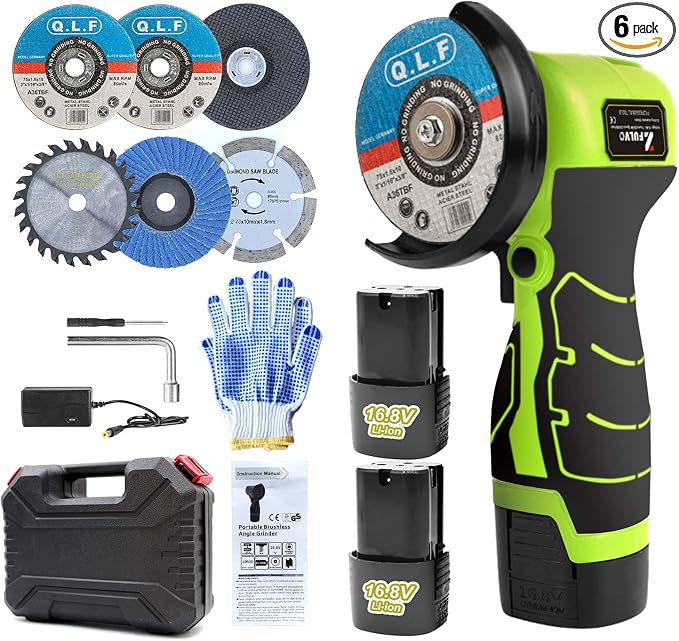 ZFULVO Cordless Brush Angle Grinder Kit, 19500rpm Mini Electric Angle Grinding Tool with 2pcs 16.8V 2000mAh Batteries and 6-Cutting Discs, Grinder Handheld Cutter for Metal Wood