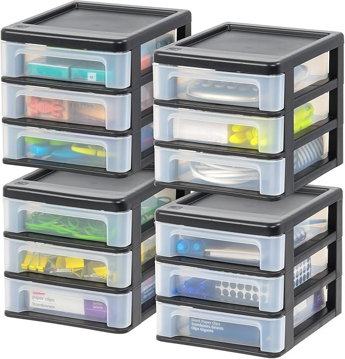 IRIS USA 4-Pack, 3-Drawer Small Plastic Stacking Desktop Organizer, Black