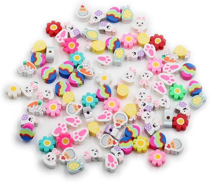 100 Pcs Colorful Easter Polymer Clay Beads Mixed Bunny & Egg Soft Heishi Spacer Beads Supplies for DIY Bracelet Earring Necklace Jewelry Making