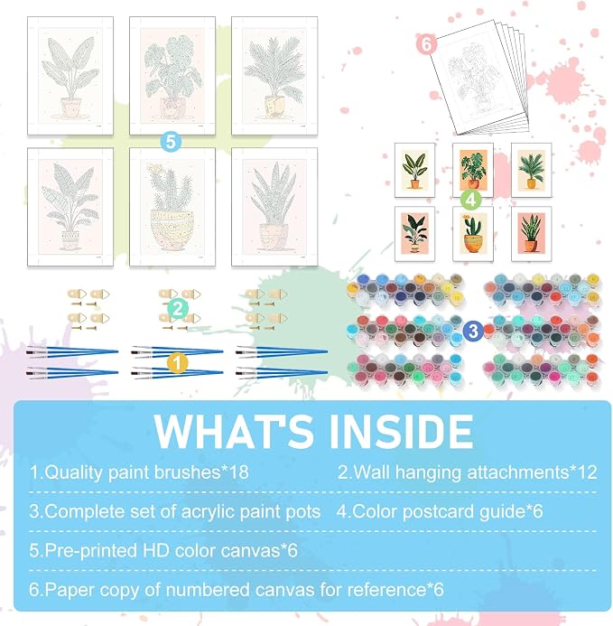 6 Pack Paint by Numbers Kit for Adults, Potted Green Plant, 8x12 Inch | Acrylic Number Painting Set, DIY Canvas Art Craft Kit, Beginner Friendly, Home Wall Decor, Stress Relief Relaxing Hobby Gift