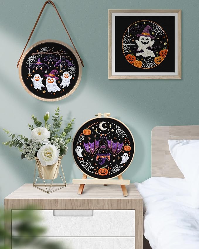 TINDTOP Halloween Embroidery Kit for Adult, 3 Pack Embroidery DIY Starter Kit, with Stamped Patterns, Hoop, Tools, Colorful Threads with Needles, Instructions