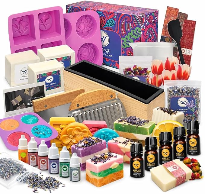 Wallace & Williamson Deluxe Soap Making Kit - Adults & Kids - Modern Floral Theme - Includes Shea Butter Soap Base, Molds, Scents, Dyes, Tools & Instructions