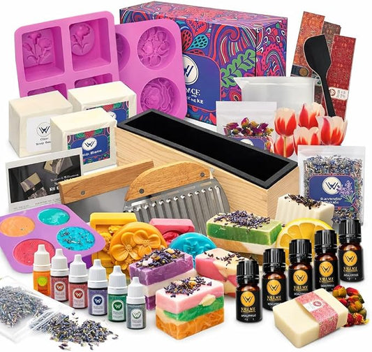 Wallace & Williamson Deluxe Soap Making Kit - Adults & Kids - Modern Floral Theme - Includes Shea Butter Soap Base, Molds, Scents, Dyes, Tools & Instructions