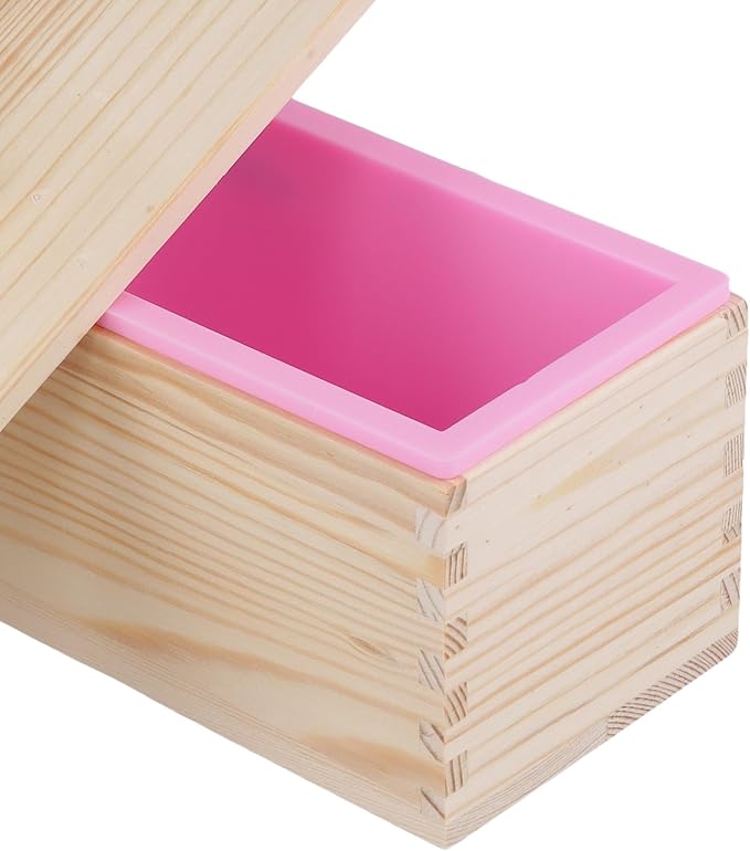 4PCS 42oz Silicone Soap Kit, Pink Rectangular Silicone Loaf Soap Making with 4 Wooden Boxes and 4 Lids, DIY Supplies for Soap Making