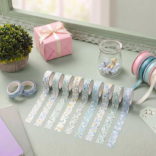 12 Rolls Floral Washi Tape Set,Blue,Wildflower | Watercolor Flowers Design for Scrapbook Journal DIY Craft School Supplies, 15 mm Vintage Decorative Masking Washi Tapes