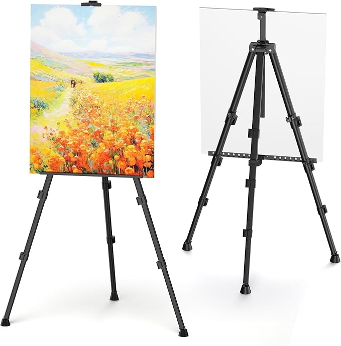 Art Painting Tripod Easel Stand - Portable Adjustable Display Artist Easel | Black Metal Stand with 1 Bag for Tabletop/Floor Painting, Height from 17 to 66 inches, Sturdy for Drawing, Displaying