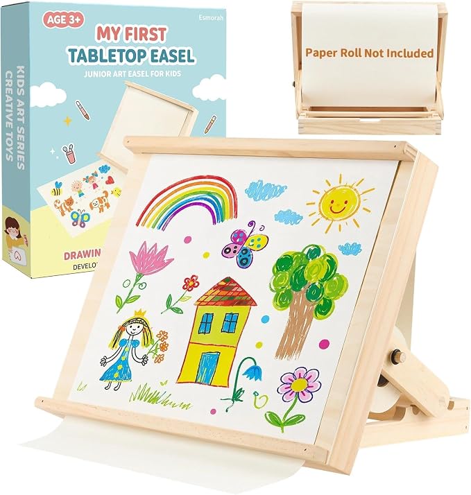 Tabletop Easels for Kids Painting with Paper Roll Dispenser | (Paper Roll Not Included), 3 Angles Adjustable Art Drawing Board, Wood 13.8" x 11.4" Portable Fodable Easel with Gift Box