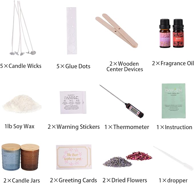 DARJEN Candle Making Kit for Beginners, 2 Jars Soy Wax Scented DIY Set | 100% Soy Wax, 10oz Glass Jars, Natural Cotton Wicks, Pleasant Scents, Instruction& More- Perfect as Home Decorations