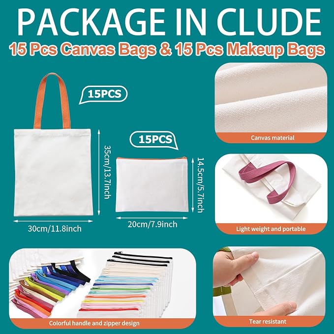 30-Pack Sublimation Blanks Tote Bags, 15 Canvas Tote & 15 Makeup Bags | customized handle colors, reusable heat transfer blanks, Ideal for DIY Crafts, business Ads & Christmas for women, men
