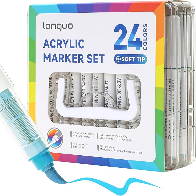 languo 24 Colors Acrylic Paint Markers, Brush Tip, Direct Liquid Ink
