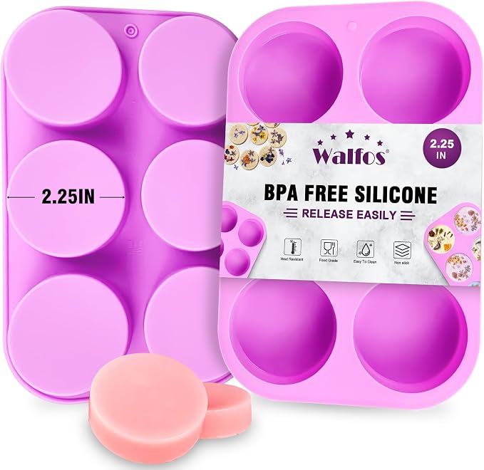 Walfos Round Silicone Soap Molds,Silicone Soap Molds,BPA Free and Non-Stick Circular Soap Mold,Perfect for Soap,Candles,Cookies,Cakes,Candy,Pudding,Jello.Set of 2 (Purple)