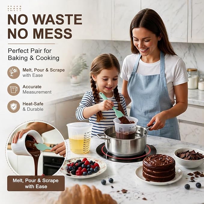 Palksky Silicone Measuring Cups Set (1-Cup & 2-Cup & 4-Cup) with Jar Spatula, Microwave Safe, Honeycomb Heat-Control Grip, Easy-Read Liquid Measuring for Baking, Cooking & Chocolate Melting
