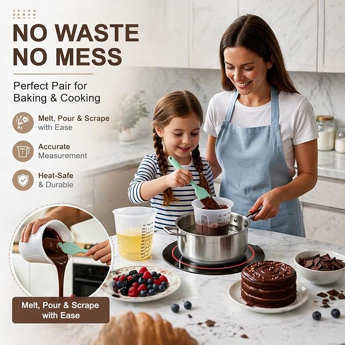 Palksky Silicone Measuring Cups Set 1-Cup & 1-Cup & 2-Cup with 3PCS Jar Spatula, Microwave Safe, Honeycomb Heat-Control Grip, Easy-Read Liquid Measuring for Baking, Cooking & Chocolate Melting