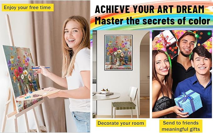 Ausanrl Flowers Framed Paint by Numbers Wooden Easel-Adult Paint by Number Kits on Canvas Framed,Paint by Number Adult,Paint by Numbers with Frame,Gifts and Home Wall Decor 12x16inch