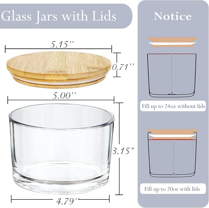 CONNOO 6 Pack 24oz Clear Glass Candle Jars with Airtight Bamboo Lids