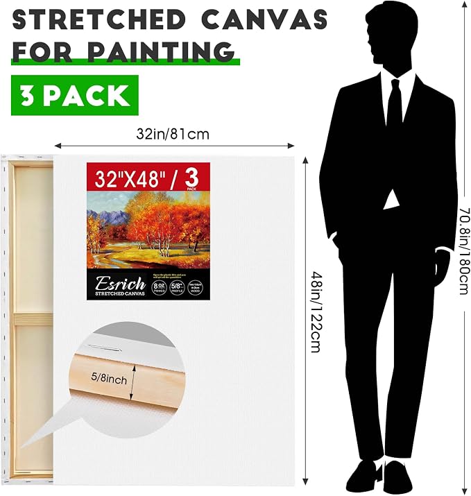 ESRICH Stretched Canvas for Painting 32x48 Inch, 3Pack Large Canvas for Painting, Primed Acid-Free Cotton Blank Canvases, Art Paint Canvases for Oil Paint,Watercolor,Acrylic Paint,Gouache and Tempera.