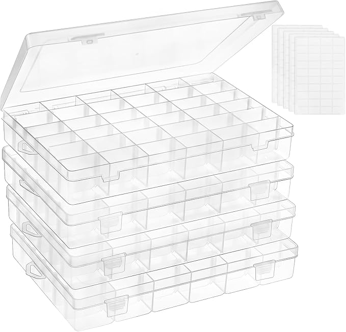 Bead Organizer Storage 4 Pack 36 Grid Jewelry Tackle Craft Box Adjustable | Clear Plastic, Adjustable Dividers, Label Stickers Included, for Beads Jewelry Crafts Fishing Tackle and Small Parts