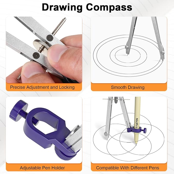 Nicpro 20PCS Professional Geometry Set Drafting Tool Protractor Compass | With Case, Metal Rulers, Triangles, Pens, Pencils, Drawing Supplies, Drafting Kit for Architecture and Engineering Students