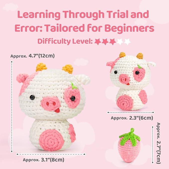 Mewaii Strawberry Cow Crochet Kit for Beginners, 40% Extra Yarn | Video Tutorial, Pre-Started Piece, Gift Box, Level 1 Starter Kit, Family Craft for Adults, Kids & Beginners