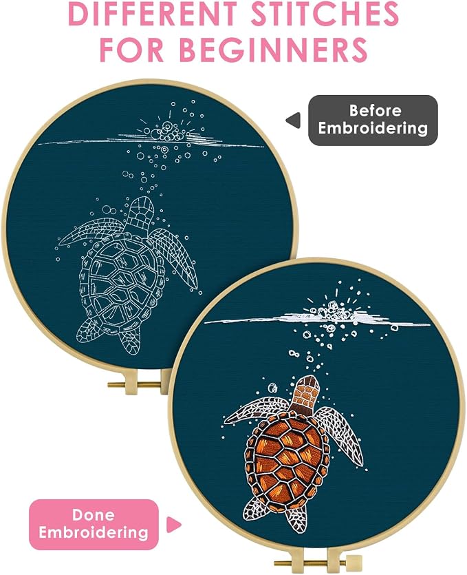 TINDTOP Embroidery Kit for Beginners Adult, Turtle Embroidery Practice Kit | Include Embroidery Cloth Hoops Threads for Craft Lover Hand Stitch with Embroidery Skill Techniques